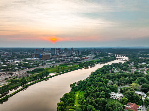 Aerial view of New Brunswick and the Raritan River at sunset